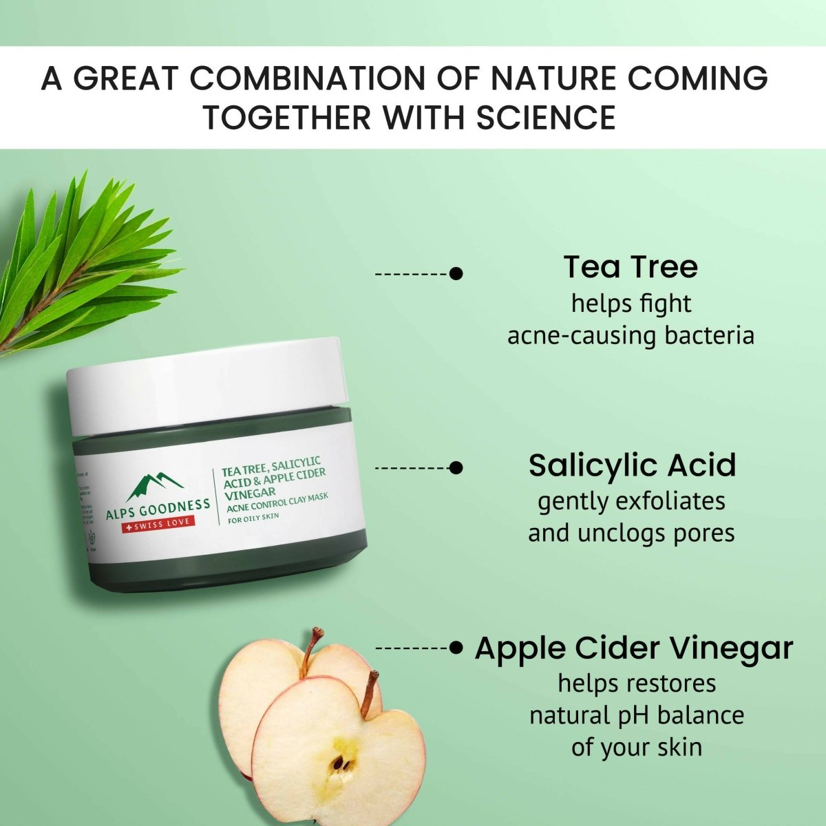 Alps Goodness Acne Control French Green Clay Mask For Oily Skin With Tea Tree, Salicylic Acid & Apple Cider Vinegar - Swadesiicart