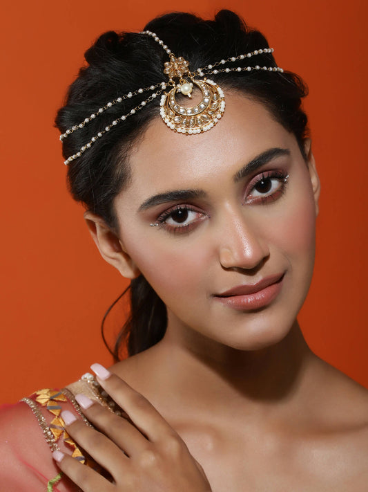 Gold-Polished White Kundan-Studded Faux Pearl Beaded Maathapatti - Ruby Raang | Swadesiicart