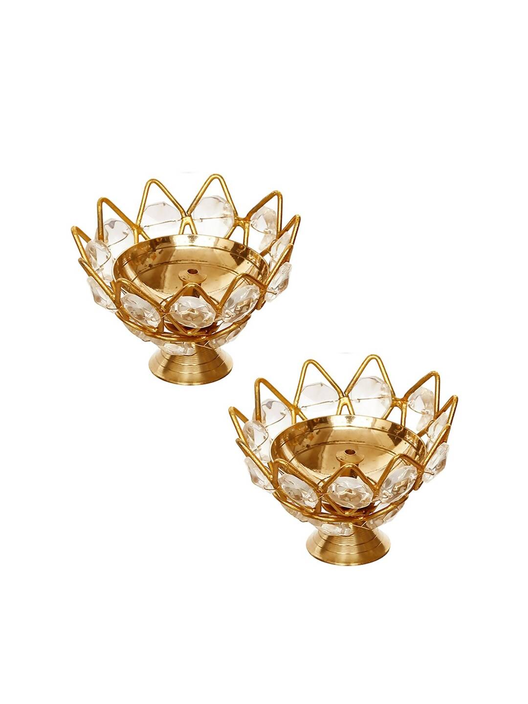 eCraftIndia Gold-Toned 2 Pieces Crystal Lotus Shape Brass Diyas | Swadesiicart