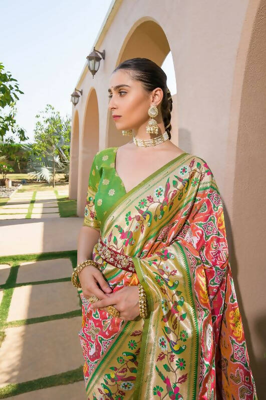 Vishnu Weaves Women's Peach Paithani Silk Zari Woven Saree with Unstitched Blouse - Swadesiicart