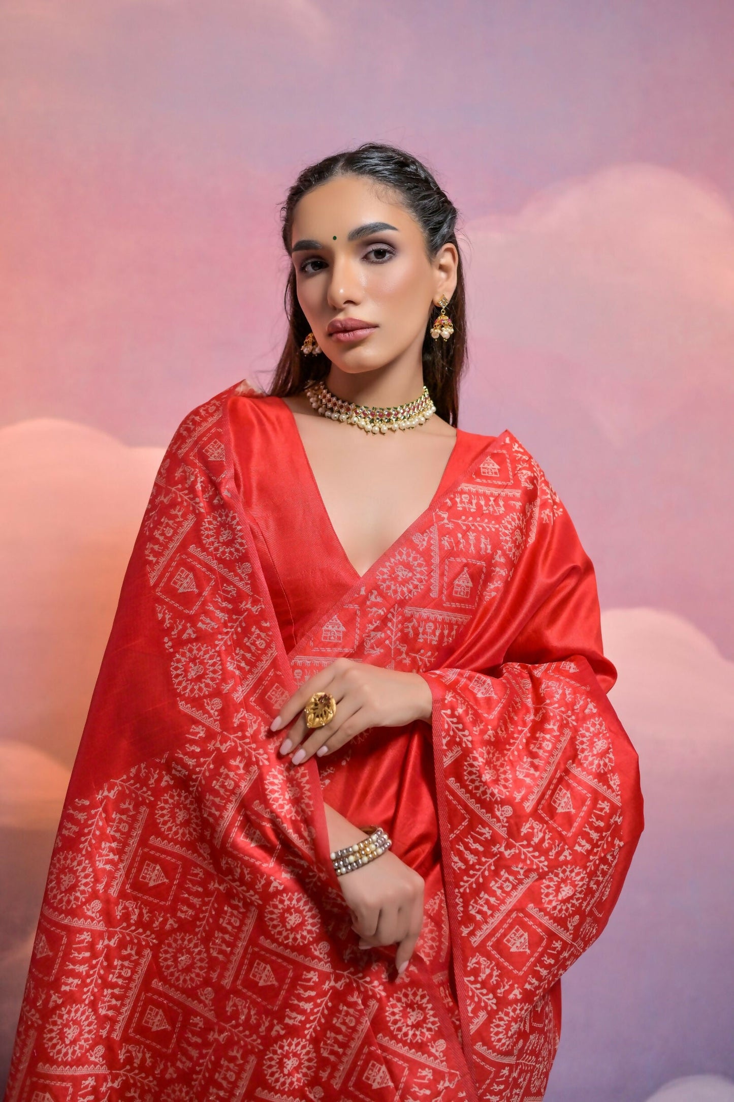 Vishnu Weaves Women's Red Handloom Raw Silk Woven Border Saree with Blouse - Swadesiicart