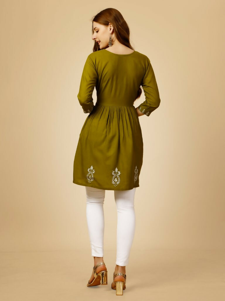 Jyoti Fashion Women's Mehendi Viscose Rayon Embroidered Casual Top | Swadesiicart