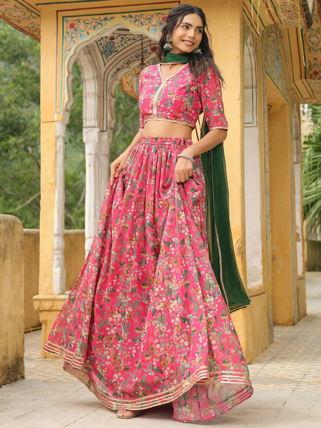 Janasya Pink Georgette Floral Lehenga Choli Dupatta | Swadesiicart