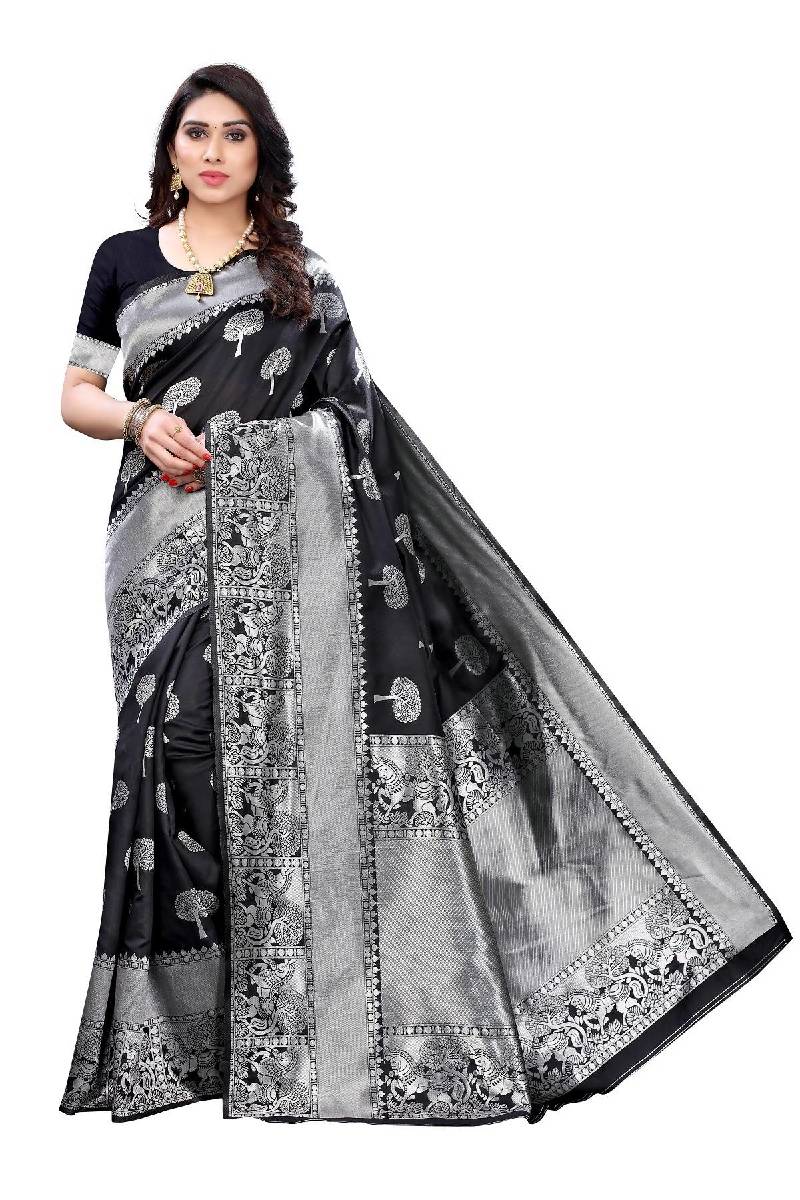 Vamika Banarasi Jacquard Weaving Black Saree (AMEE BLACK) | Swadesiicart