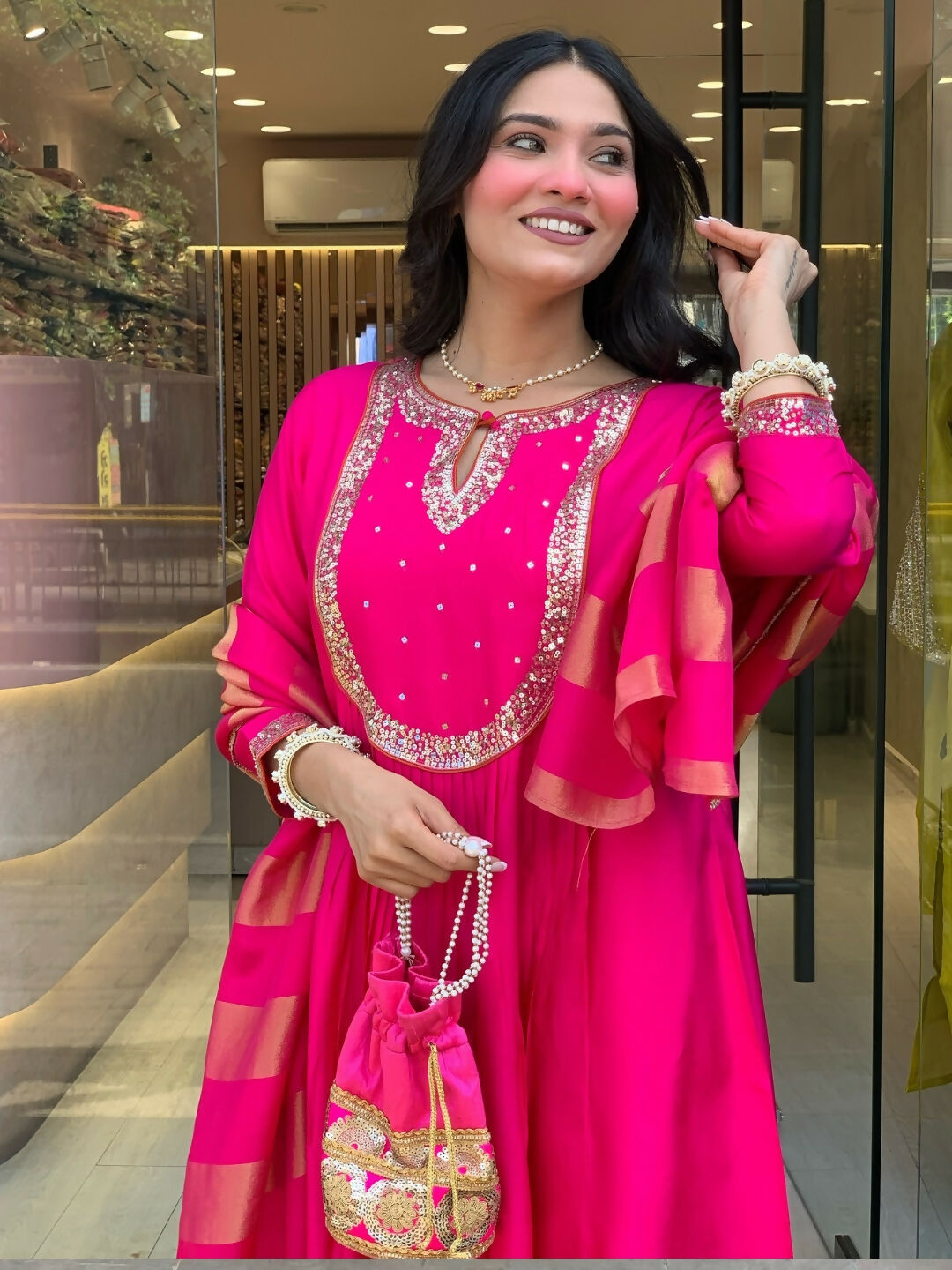 The52 Rani Women's Gorgeous Embroidered Work Chanderi Fabric Flared Kurta Pant and Dupatta Set - Swadesiicart