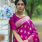 Vishnu Weaves Women's Wine Banarasi Silk Floral Zari Woven Saree with Unstitched Blouse - Swadesiicart
