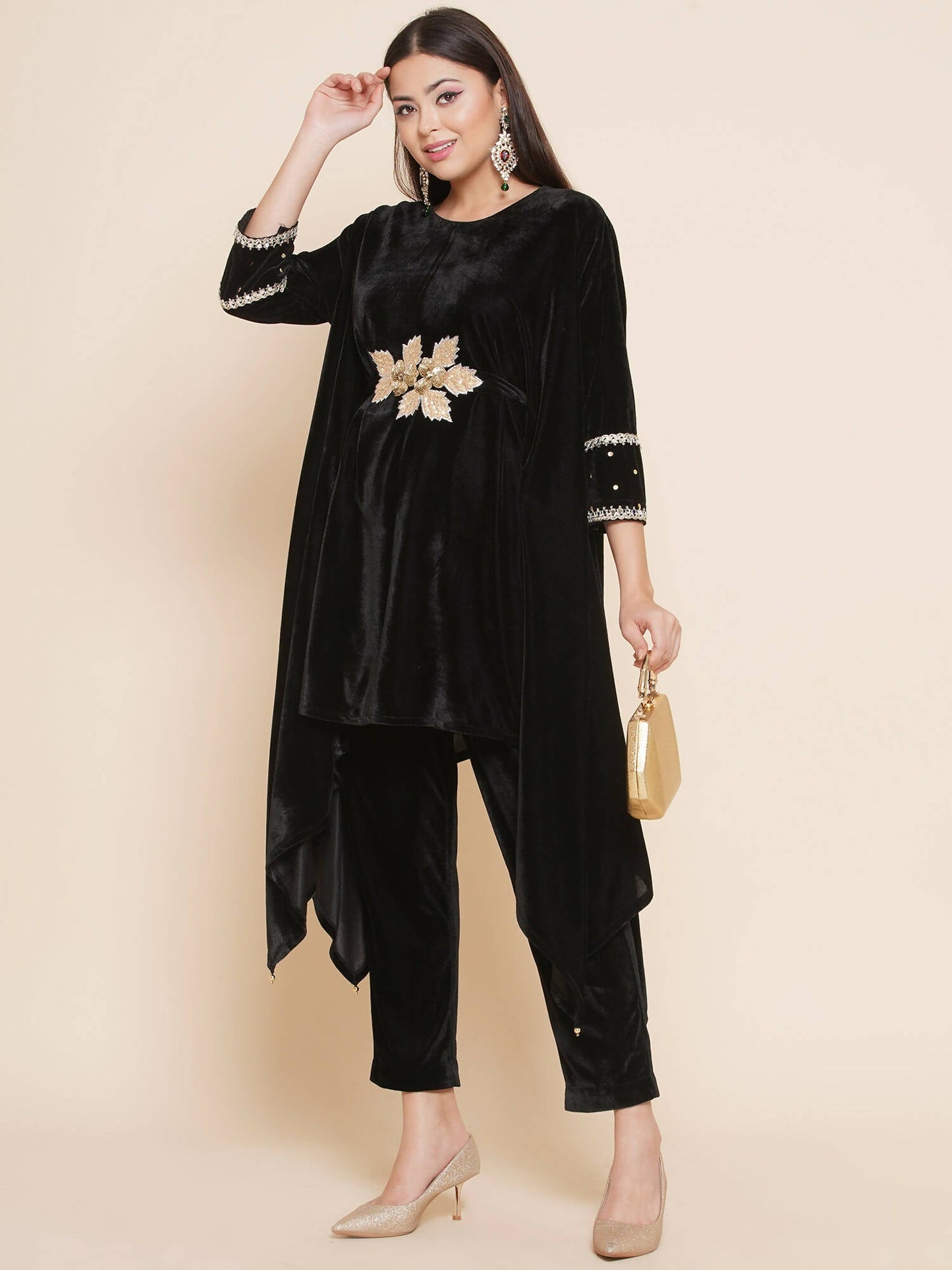 Women Republic Black Velvet Kaftaan Style Kurta With Pants | Swadesiicart