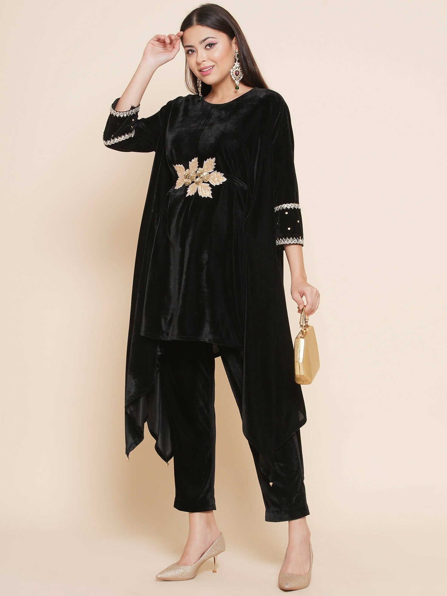 Women Republic Black Velvet Kaftaan Style Kurta With Pants | Swadesiicart