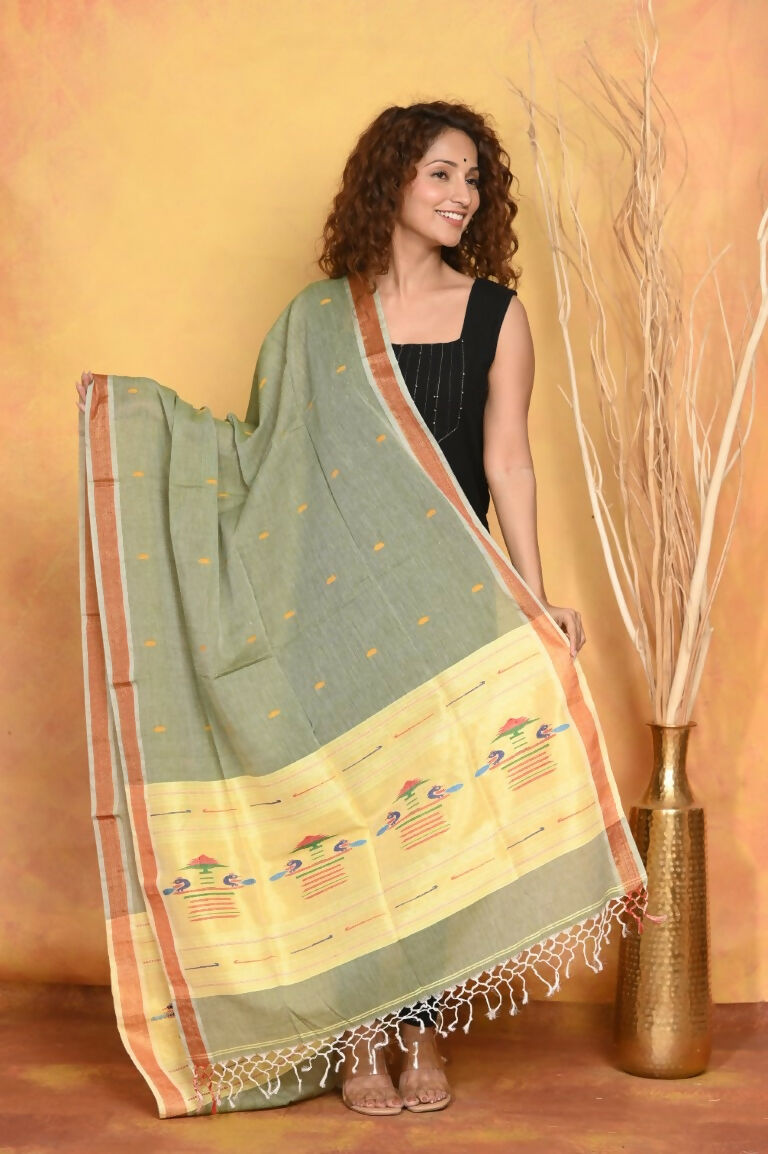 Very Much Indian Handloom Pure Cotton Paithani Dupatta - Green | Swadesiicart