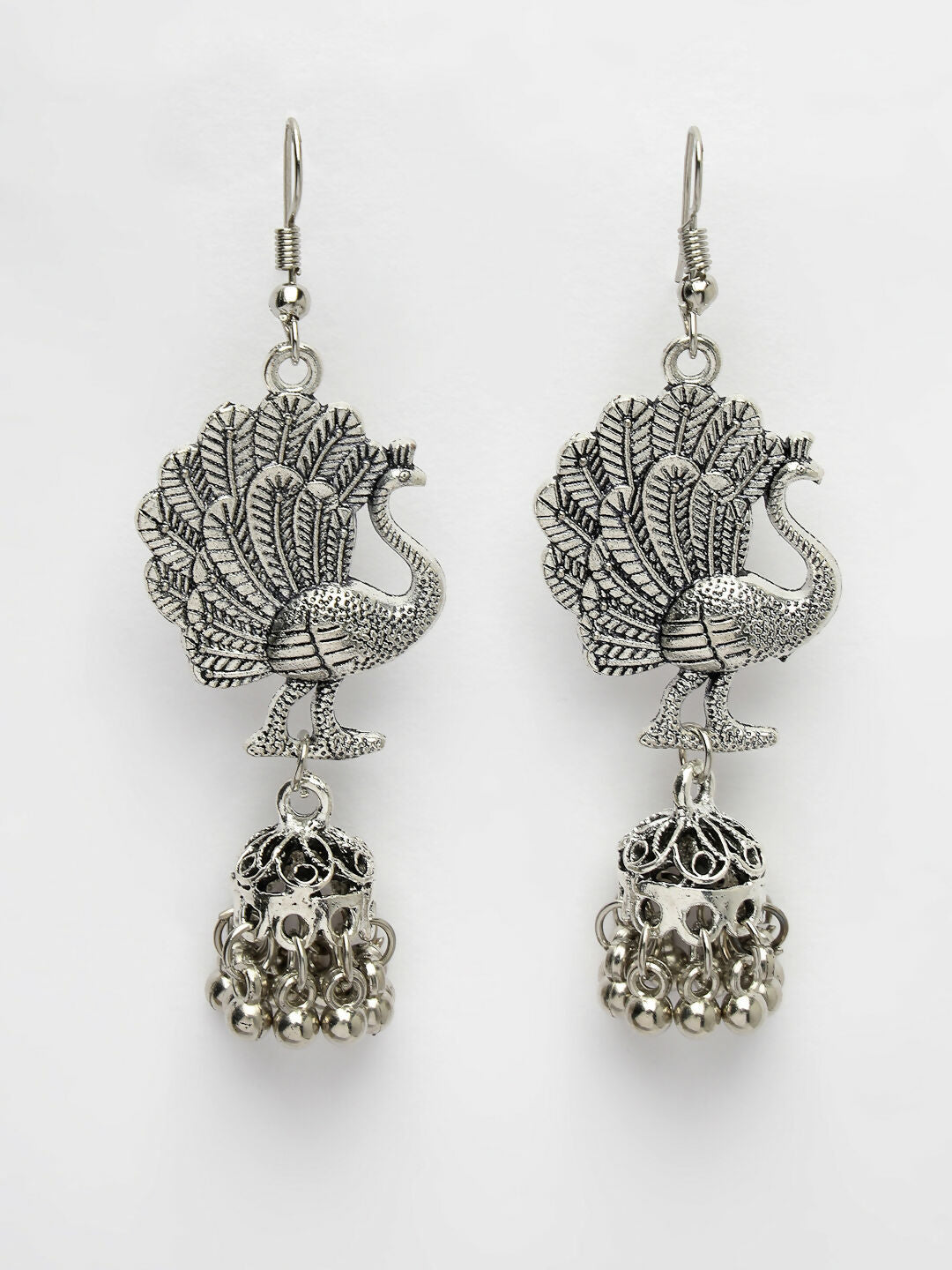 NVR Women's Silver-Toned Peacock Desing German Silver Oxidised Dome Shaped Jhumka Earrings | Swadesiicart