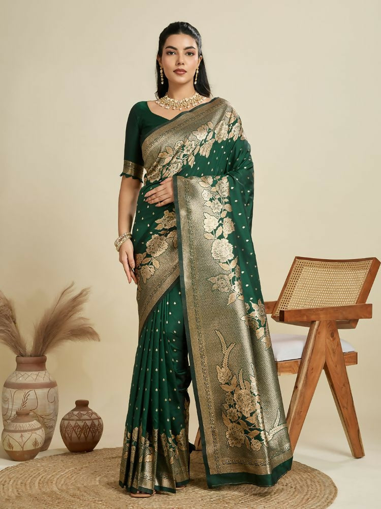 Vishnu Weaves Women's Bt-Green Banarasi Silk Zari Woven Saree with Blouse - Swadesiicart