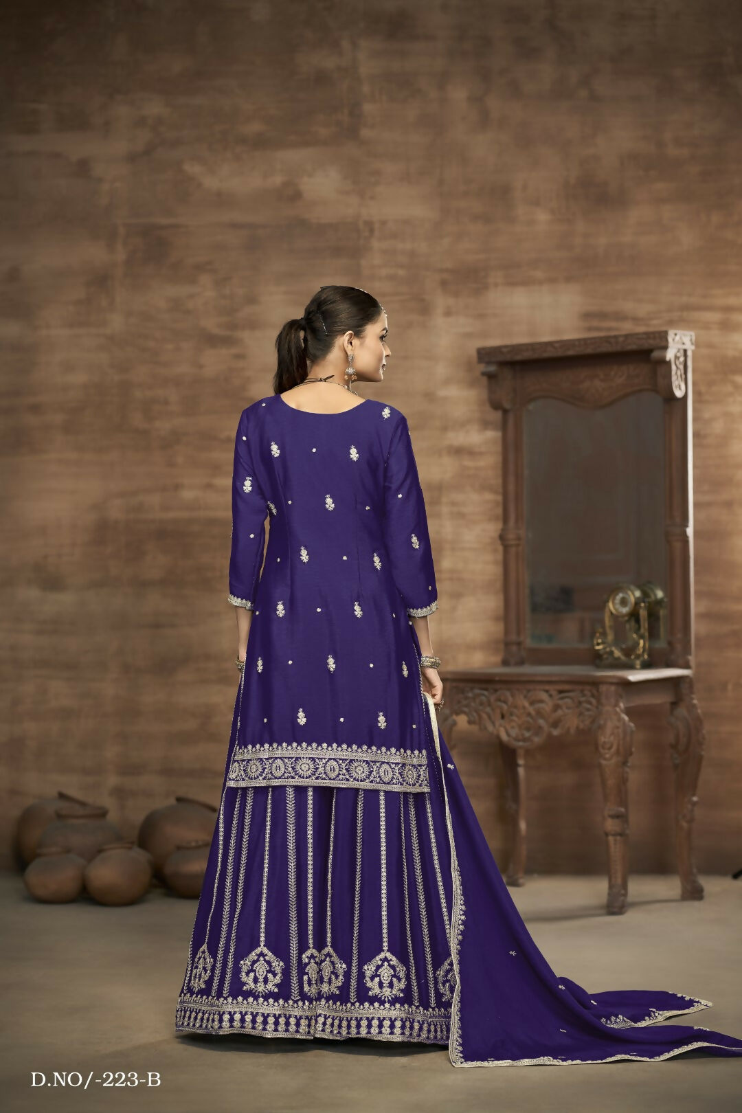 Anaita Blue Chinon Silk Embroidered Stitched Sharara Suit