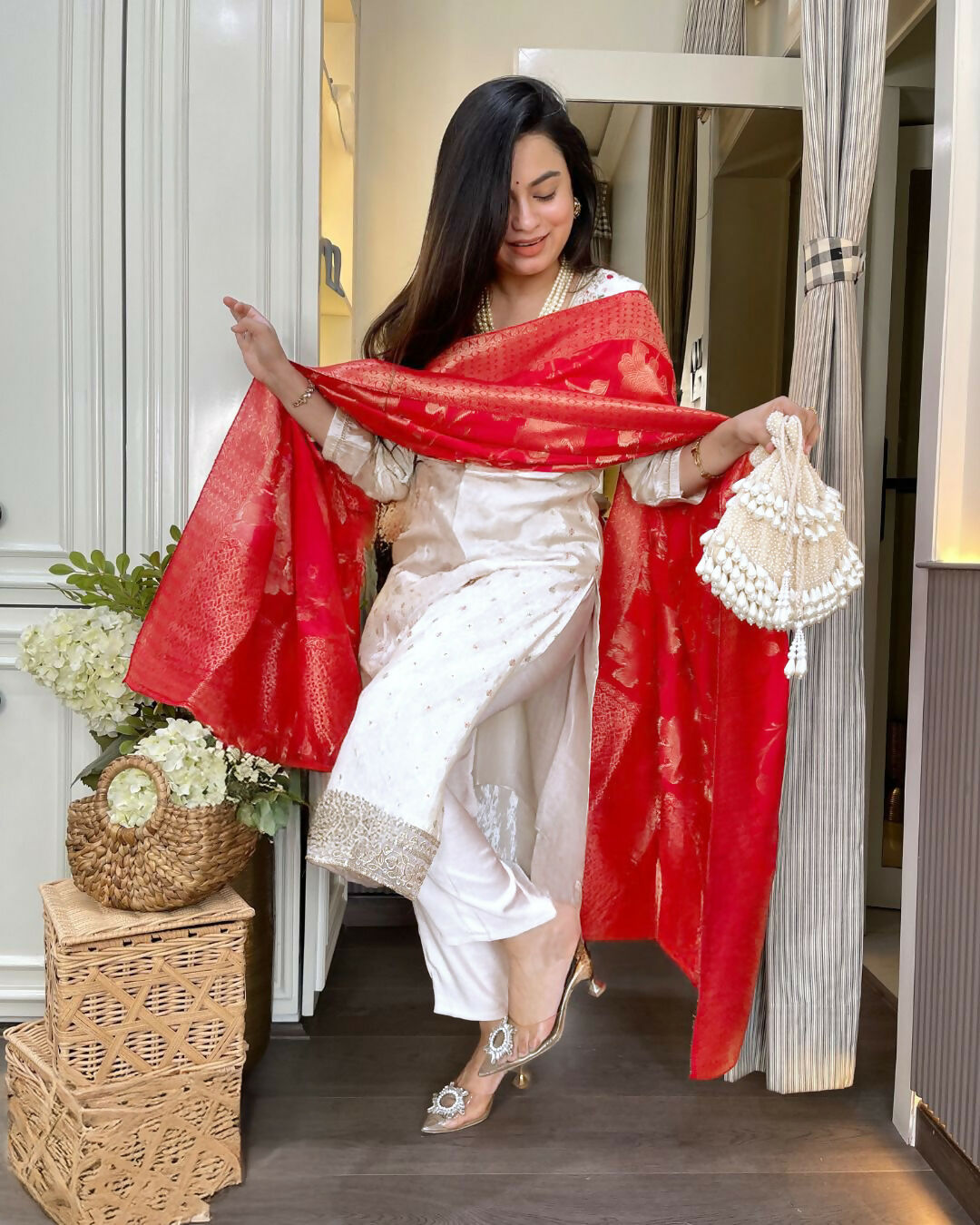 The52 White Women's Beautiful Chanderi Jacquard Fabric Embroidered Work Straight Kurta Pant and Dupatta Set - Swadesiicart