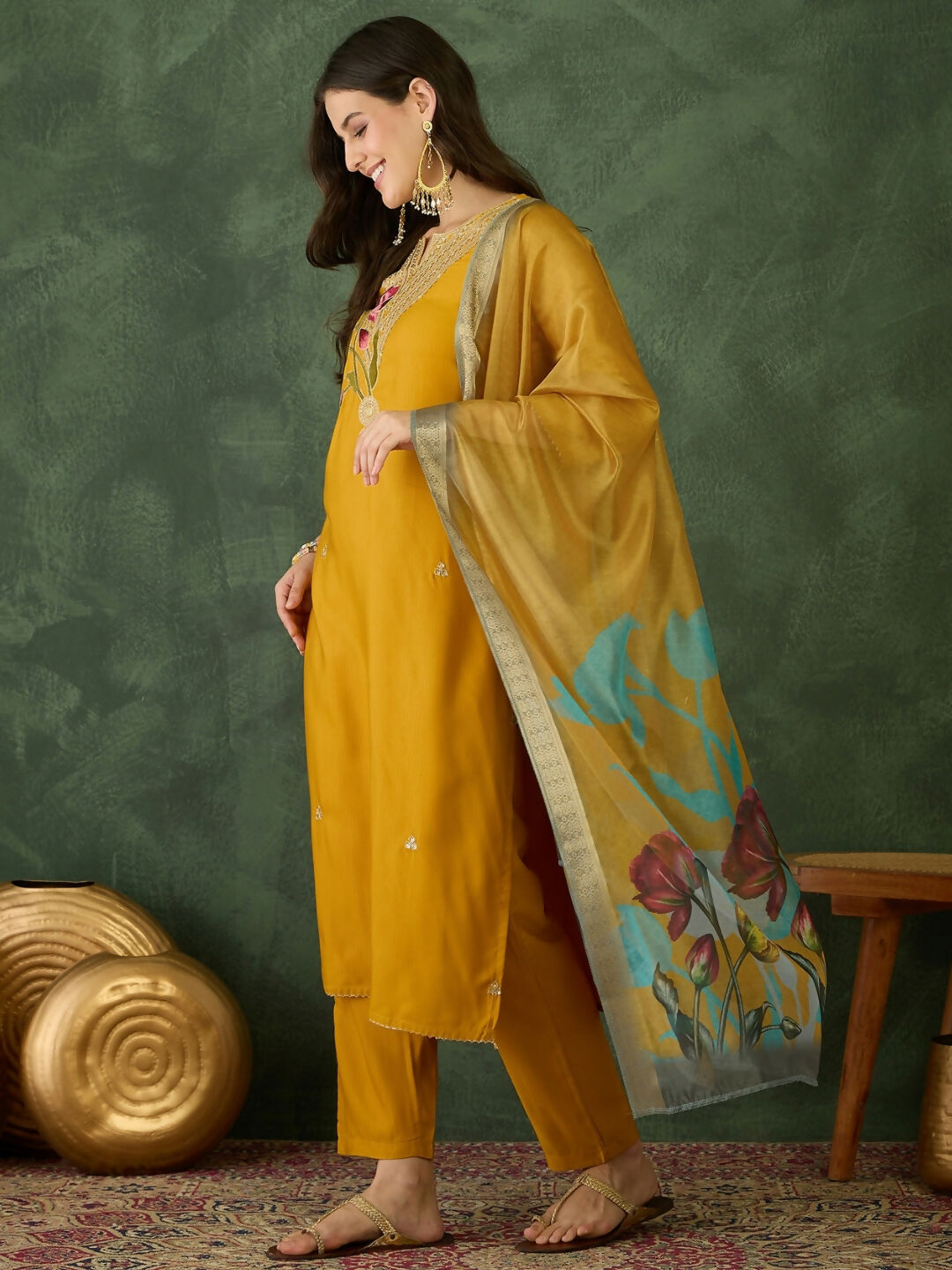 The52 Mustard Women's Beautiful Rayon Fabric Embroidered Work Straight Kurta, Pant and Dupatta Set - Swadesiicart