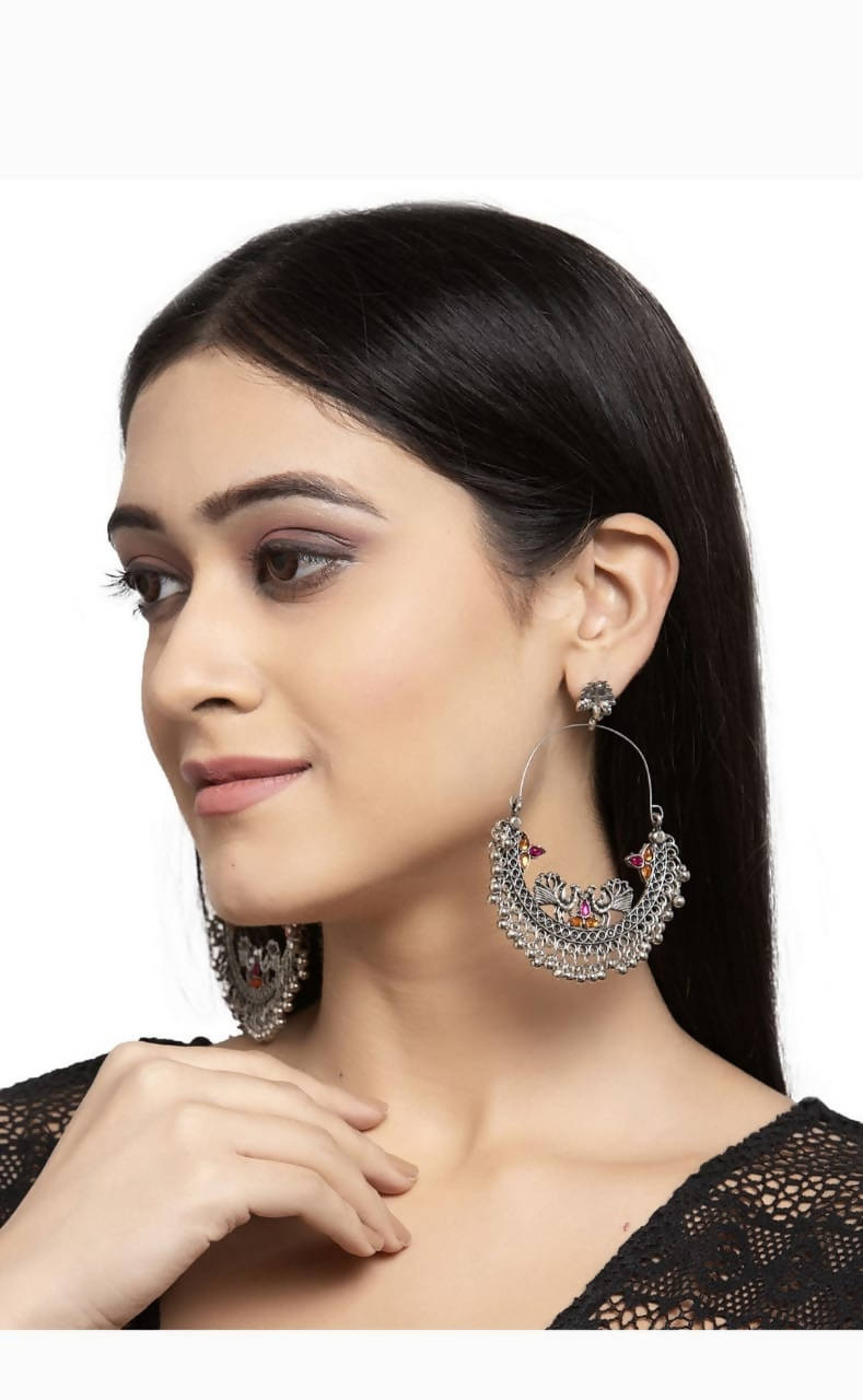 Mominos Fashion Silver-Plated Peacock Design Multi-Color Chandbali Earrings - Swadesiicart