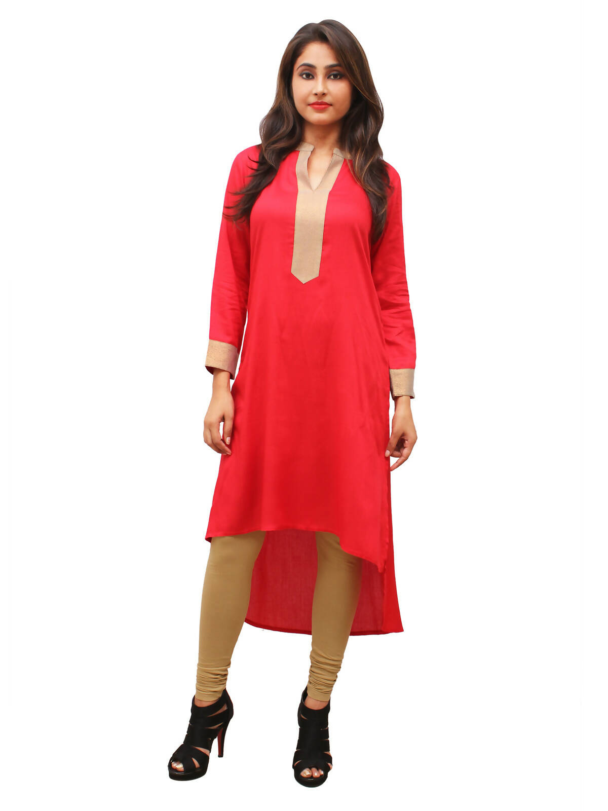 Women's Red Kurti With Zari Placket, Up Down Look - G & A Apparels | Swadesiicart