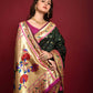 Vishnu Weaves Women's Bottle Green Paithani Silk Zari Woven Saree with Unstitched Blouse - Swadesiicart