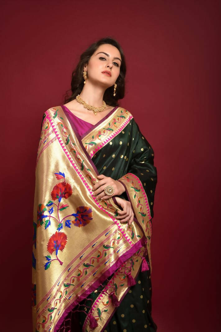 Vishnu Weaves Women's Bottle Green Paithani Silk Zari Woven Saree with Unstitched Blouse - Swadesiicart
