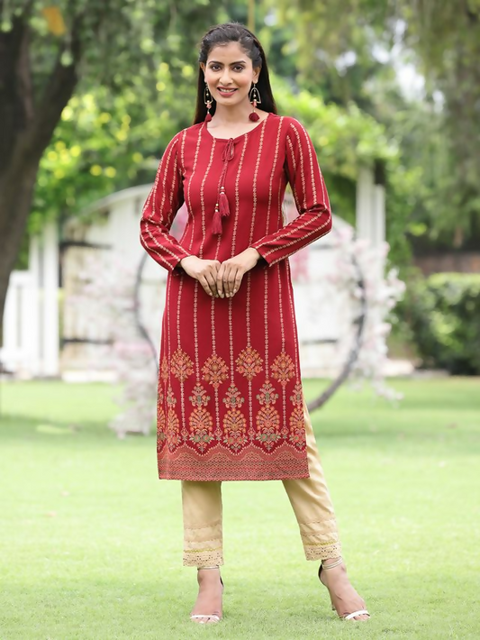 Juniper Maroon Ethnic Motif Printed Acrylic Straight Kurta. - Swadesiicart