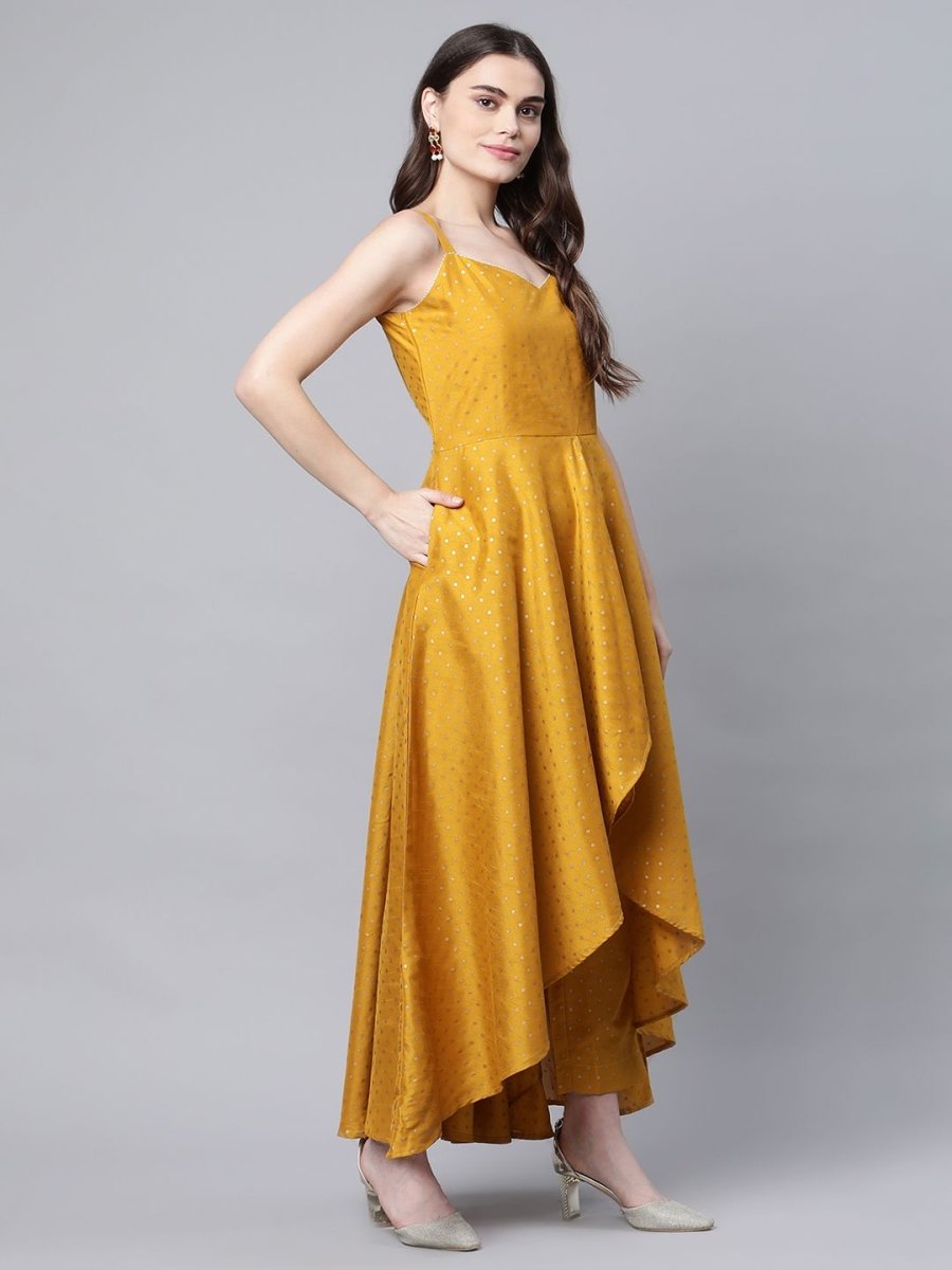 Ahalyaa Women Mustard Poly Silk Gold-Toned Printed Kurta With Trousers | Swadesiicart