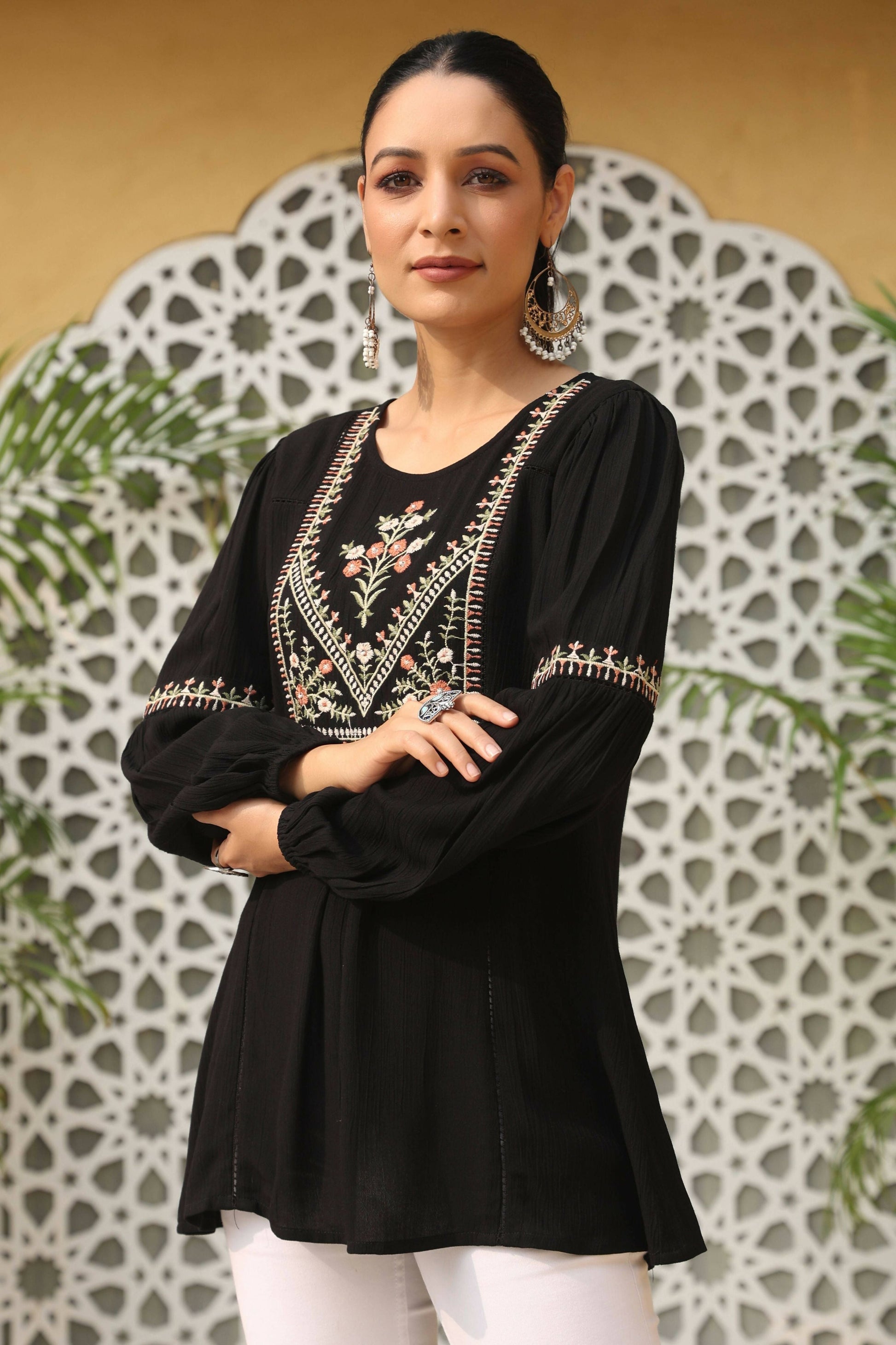 Juniper Women's Black Rayon Crepe Solid With Embroidery Straight Tunic | Swadesiicart