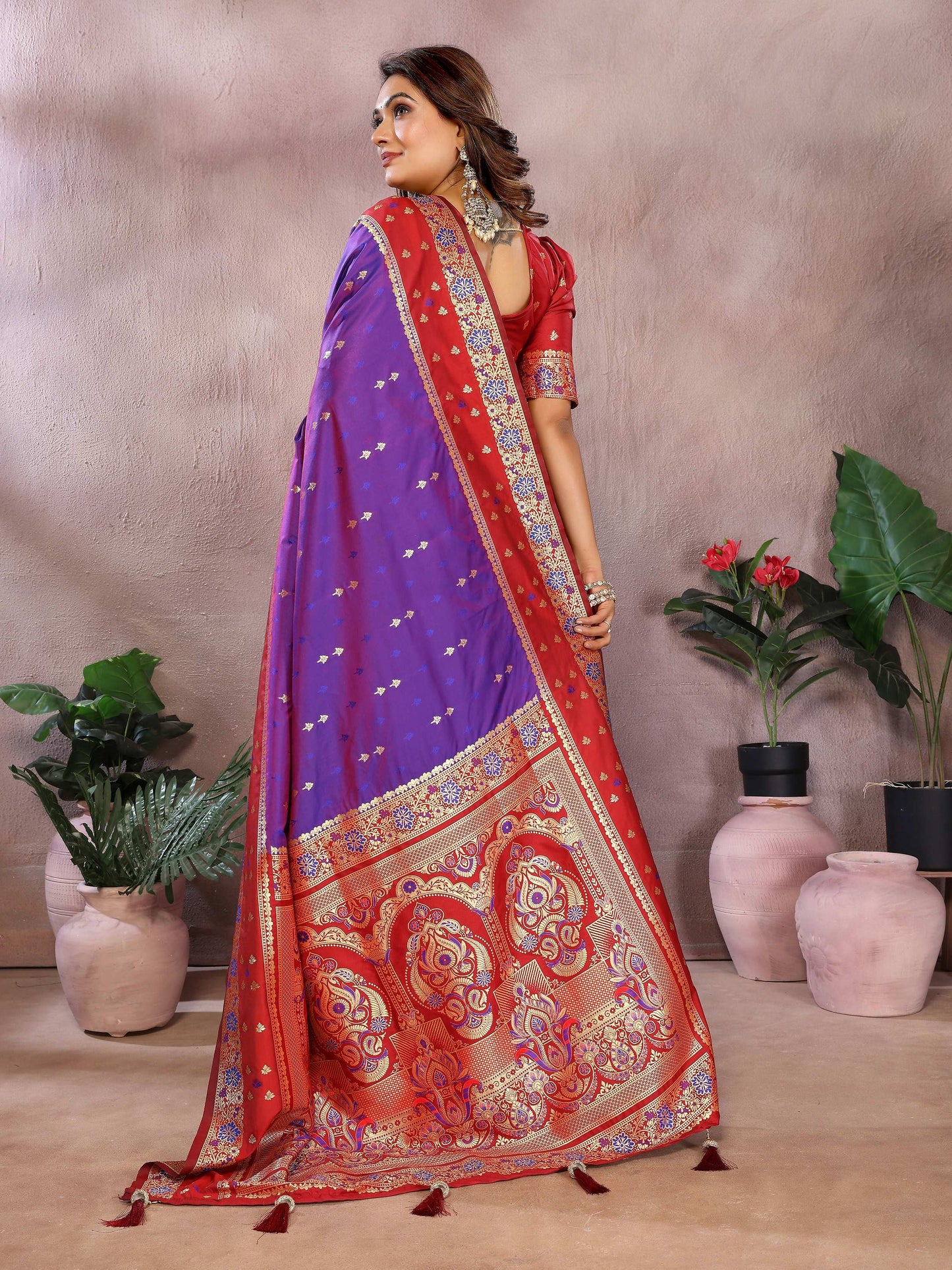 Aastha Fashion Purple Kalamkari Silk Zari Woven Saree