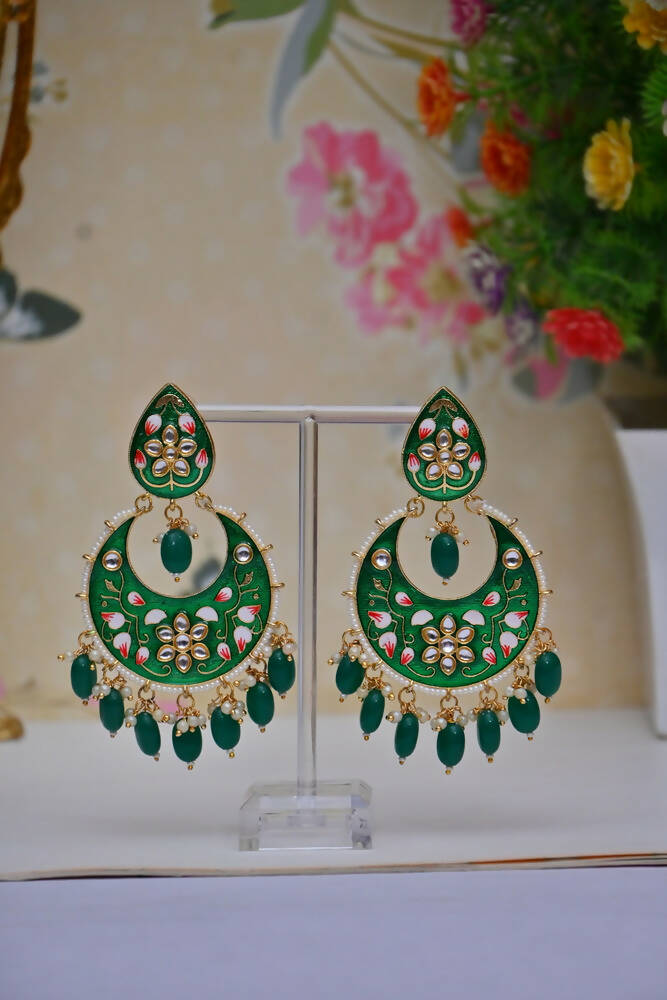 Gold-Polished Brass & Pearl Dangle Women Green Hand Painted Meenakari Chandbali Earrings By House of Ree - House of Ree