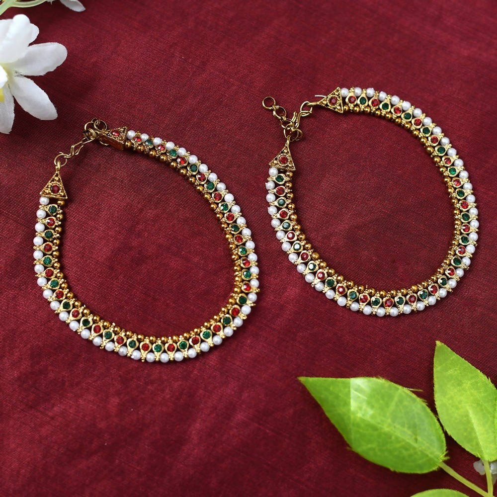 Mominos Fashion Kamal Johar Multi Kundan Anklets With Pearls | Swadesiicart