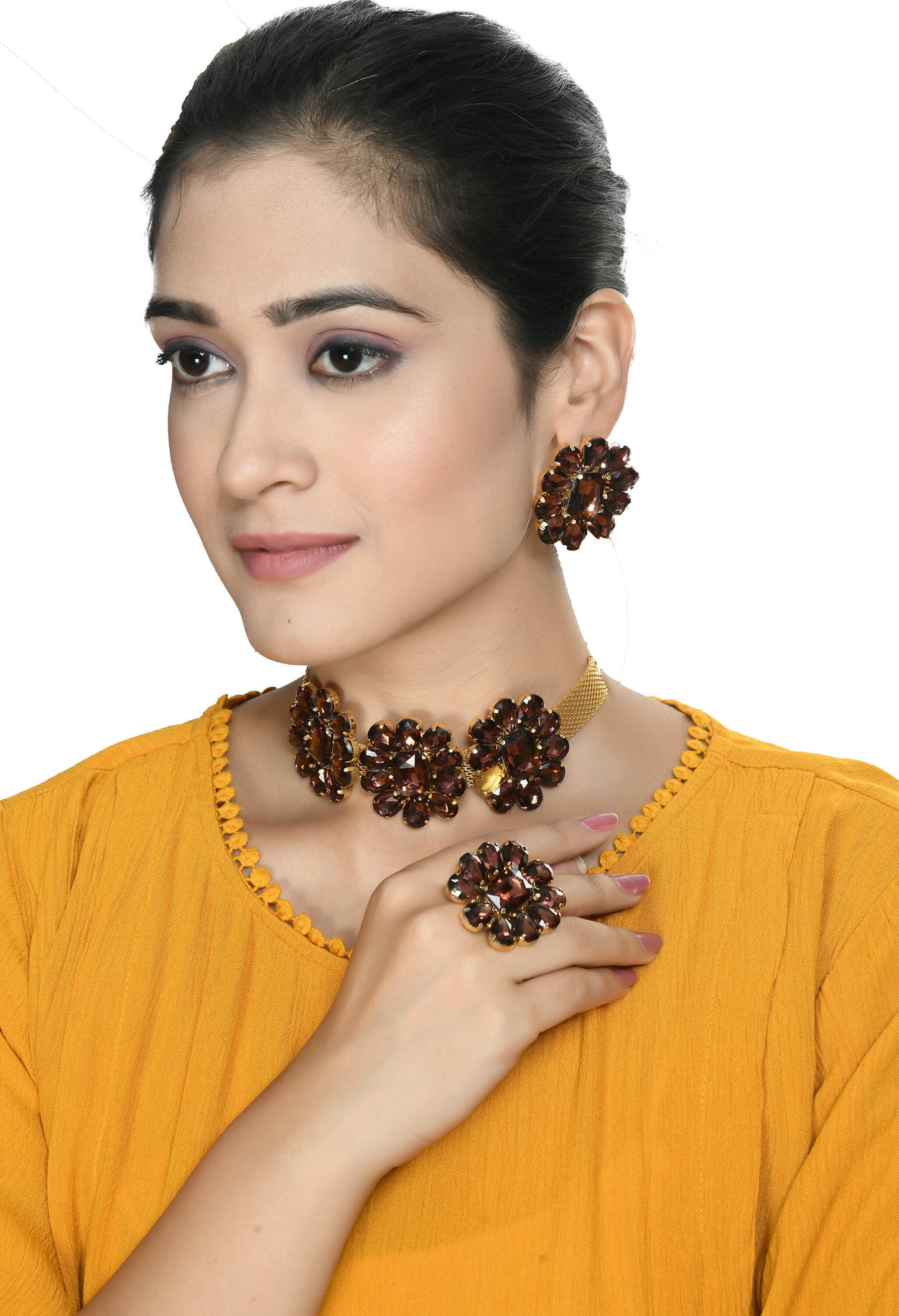 Mominos Fashion Joharkamal Gold-Polished Brass Finish Stone Choker For Women & Girls (Brown) | Swadesiicart