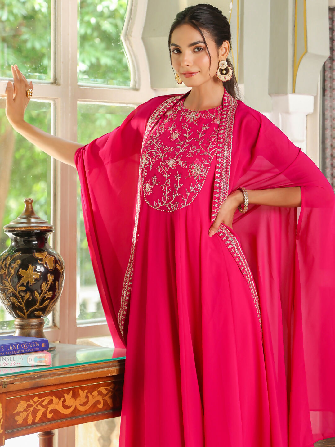 Janasya Pink Georgette Embroidered Dress & Cape | Swadesiicart