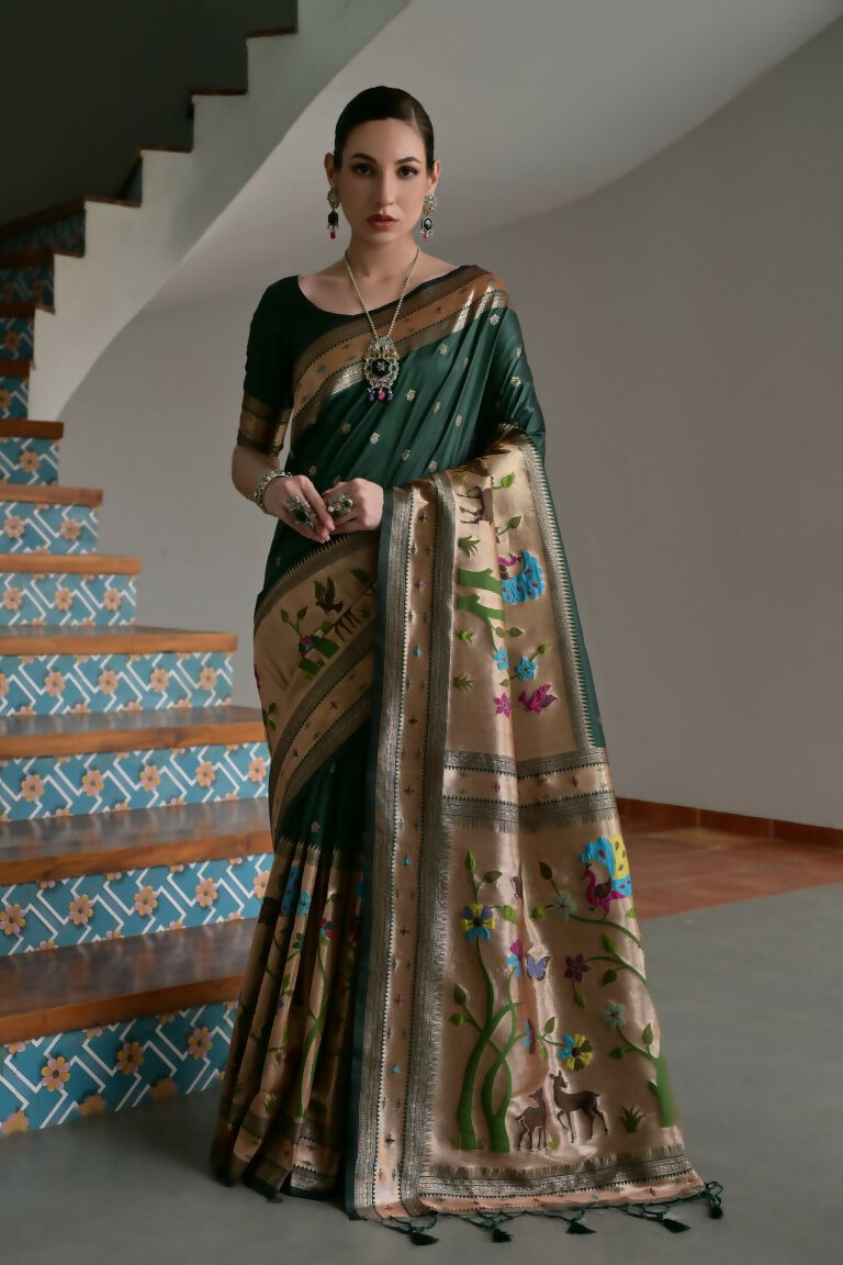 Vishnu Weaves Women's Bt-Green Paithani Silk Zari Woven Saree with Blouse - Swadesiicart