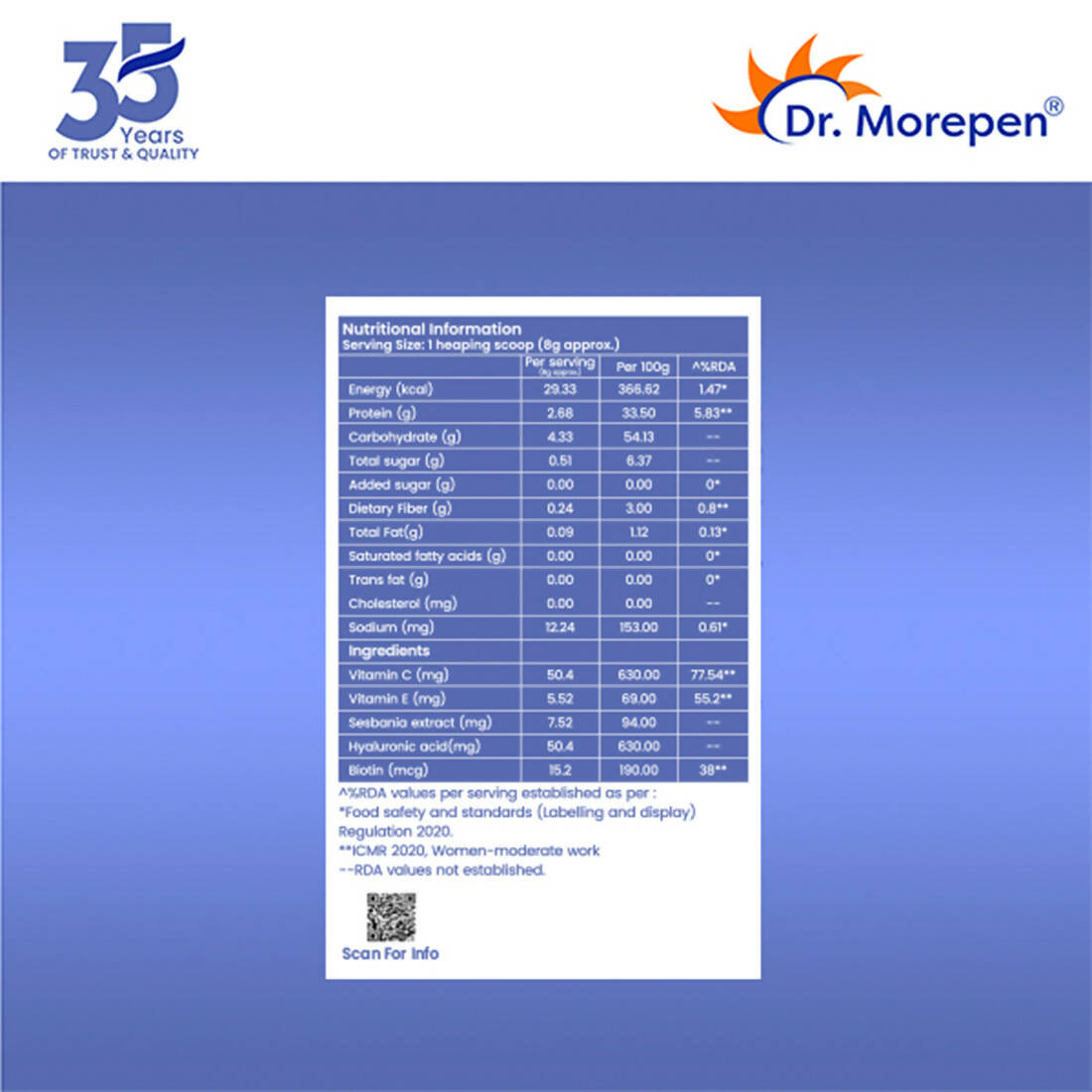 Dr. Morepen Skin Collagen Protein Powder With Hyaluronic Acid, Vitamin C, Sesbania & Biotin - Pineapple Flavour - Swadesiicart