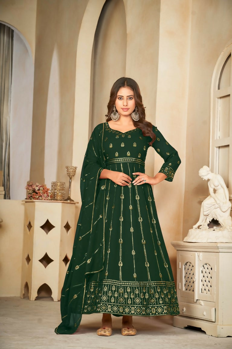 Jyoti Fashion Women's Bottle Green Georgette Embroidered Anarkali Kurta Pant Set With Dupatta | Swadesiicart