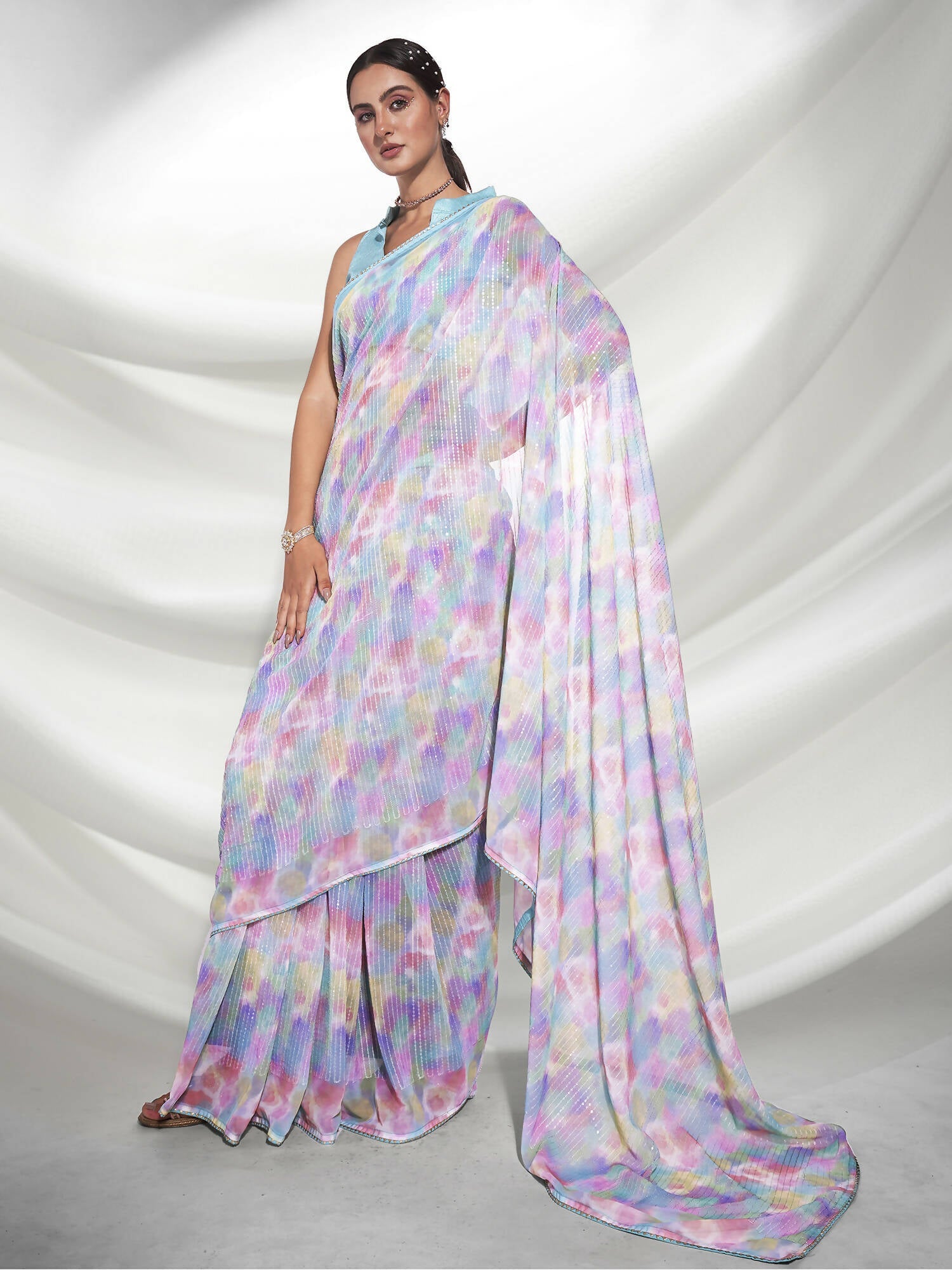 Blue Georgette Sequence Embroidery Saree With Unstitched Blouse Piece - Rajal