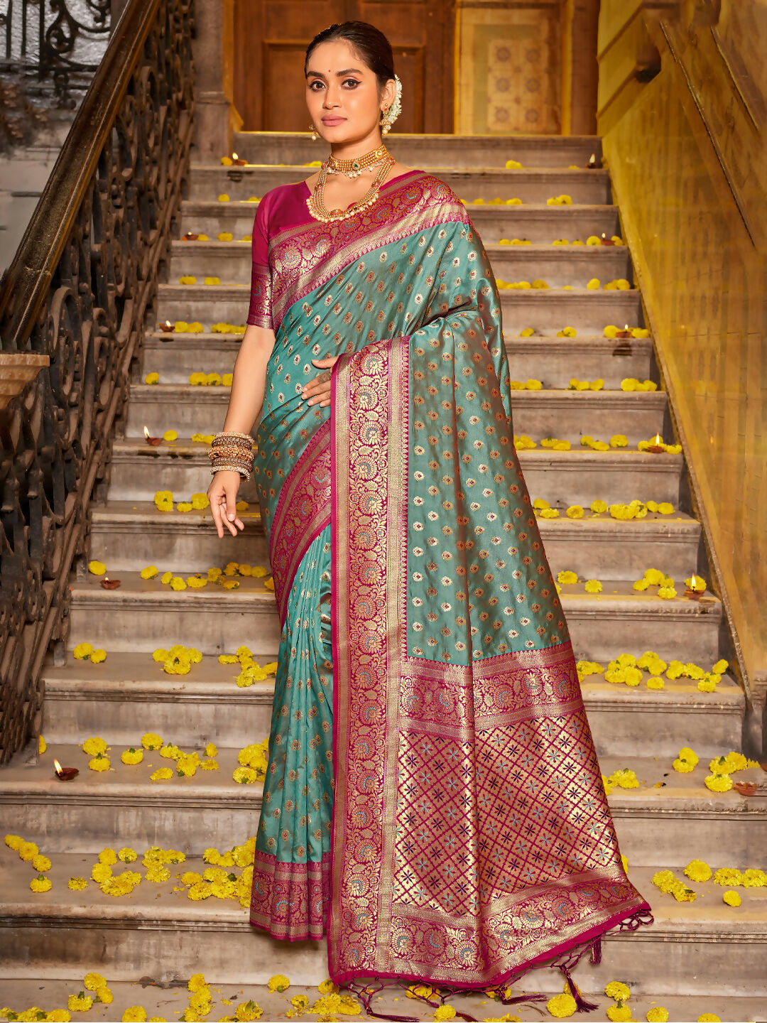 Astita Banarasi Silk Sea Green Saree | Swadesiicart