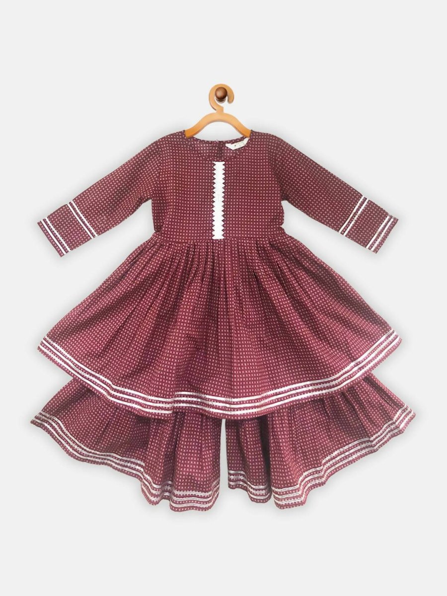 Ahalyaa Maroon Pure Cotton Digital Printed Kids Kurta Sharara Set For Girls | Swadesiicart