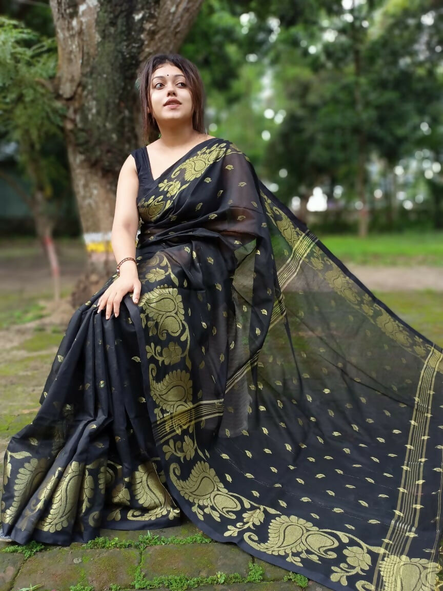 Exclusive Collection Black Beautiful Cotton Silk Saree - Swadesiicart