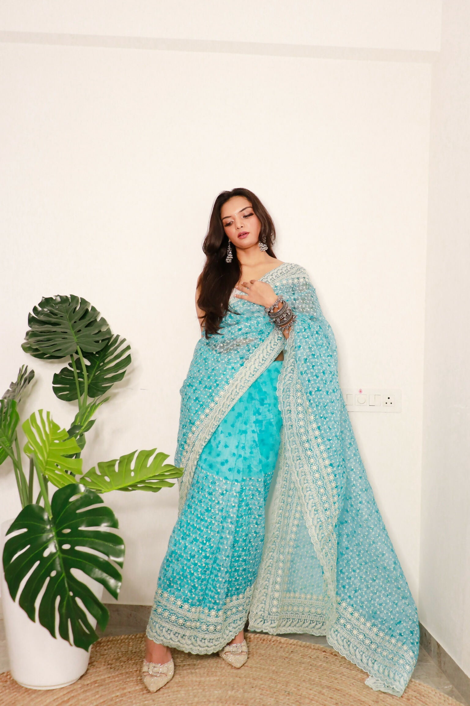 Vamsee Divya Sky Organza Saree - Swadesiicart