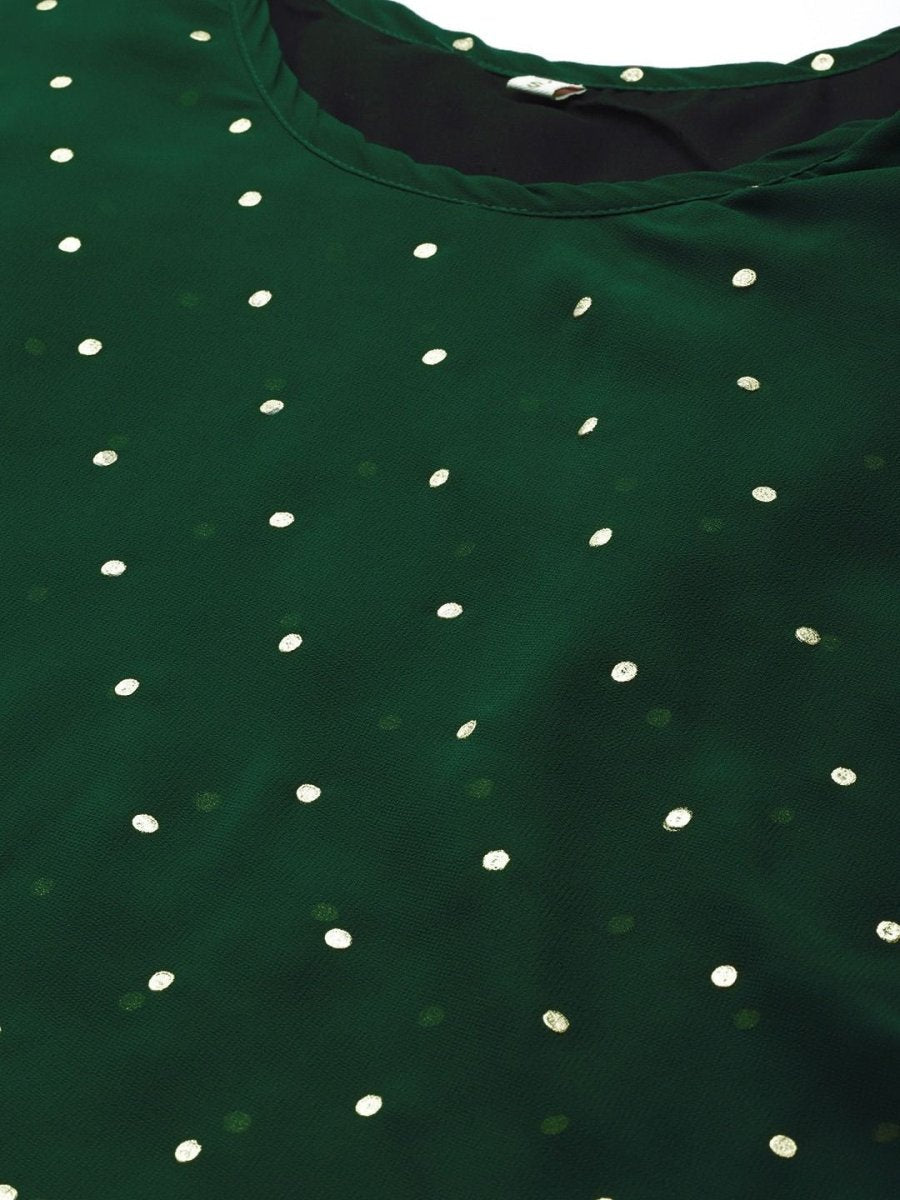 Ahalyaa Women Green Georgette Golden Polka Dots Print Layered Tunic | Swadesiicart