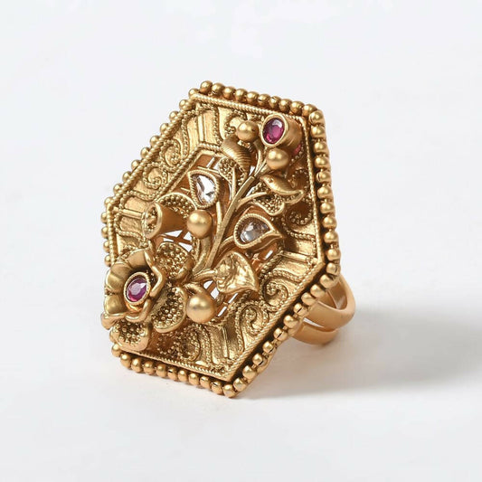 Mominos Fashion Joharkamal Gold-Polished Stone Studded Adjustable Finger Ring - Design 11 | Swadesiicart