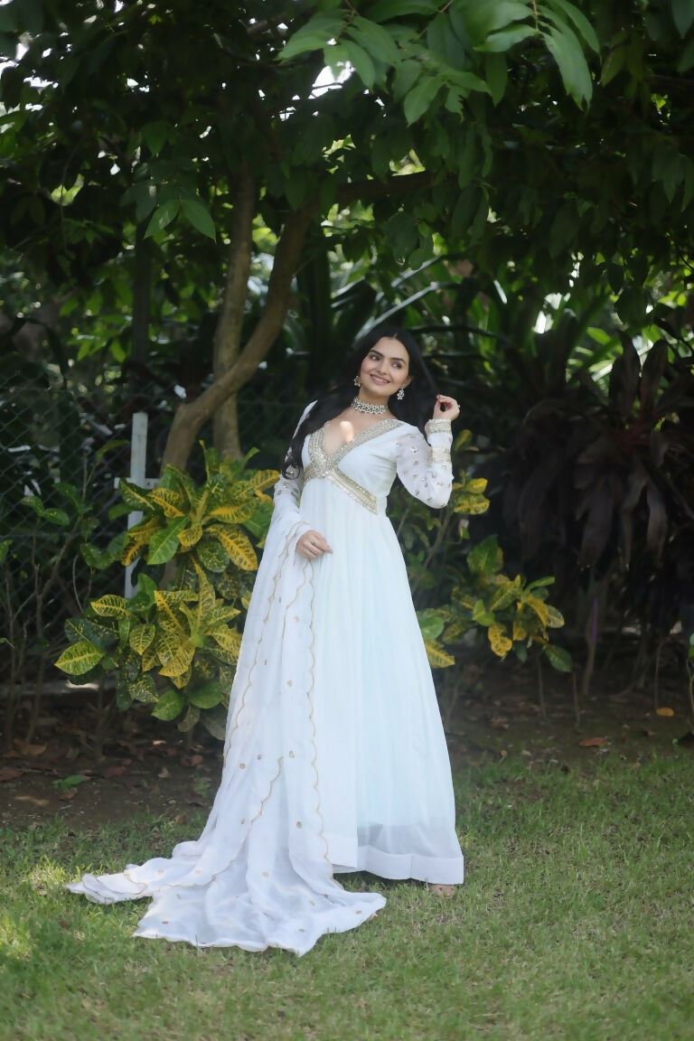 Jyoti Fashion Women's White Faux Blooming Sequins Zari Embroidered Anarkali Dress with Dupatta | Swadesiicart