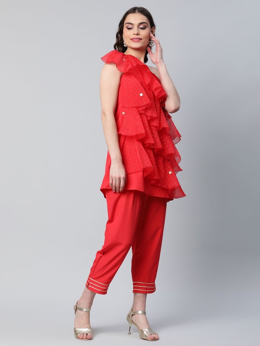 Ahalyaa Red Printed Layered Top with Trousers | Swadesiicart