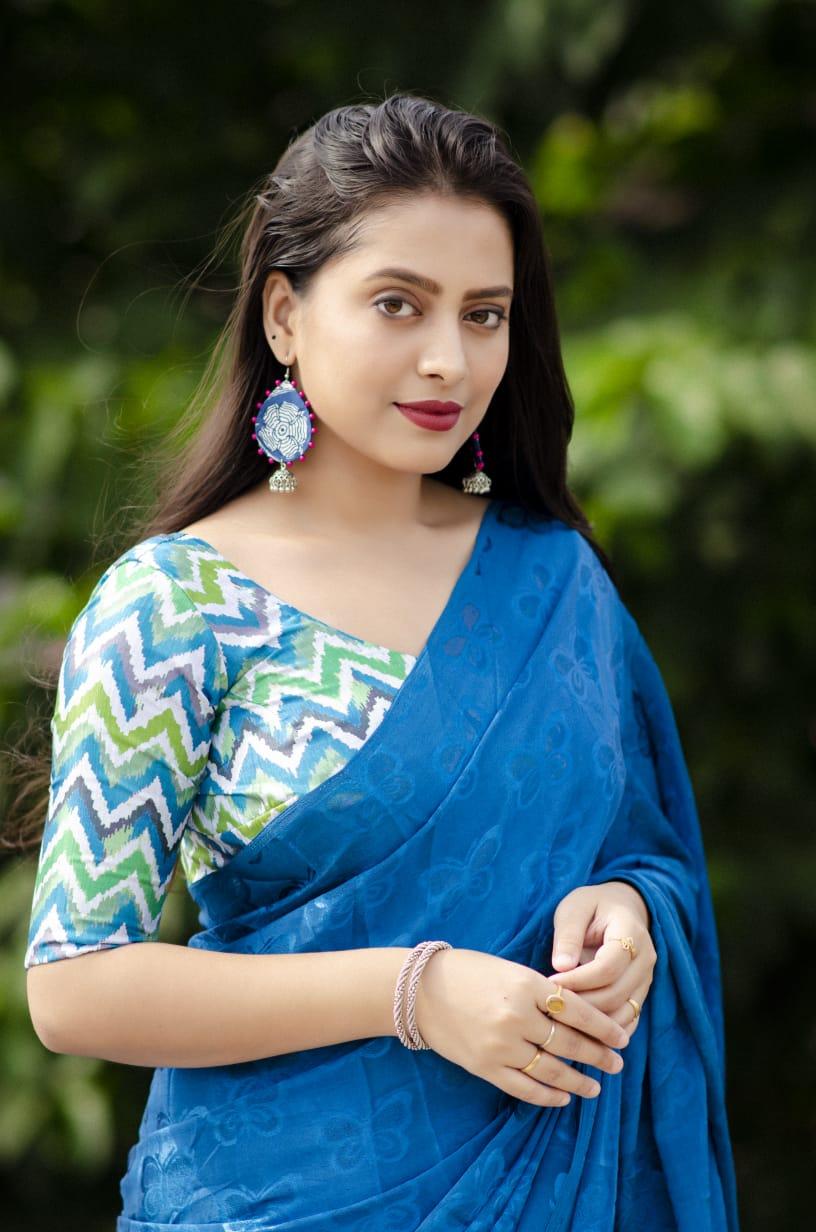 Blue Silk Blend Ethnic Motifs Saree with Unstitched Blouse - Hiral Fashion | Swadesiicart