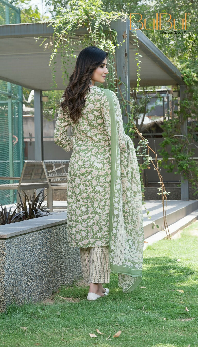 BulBul Fashionista Green Floral Cotton Kurta Set with Dupatta - Swadesiicart