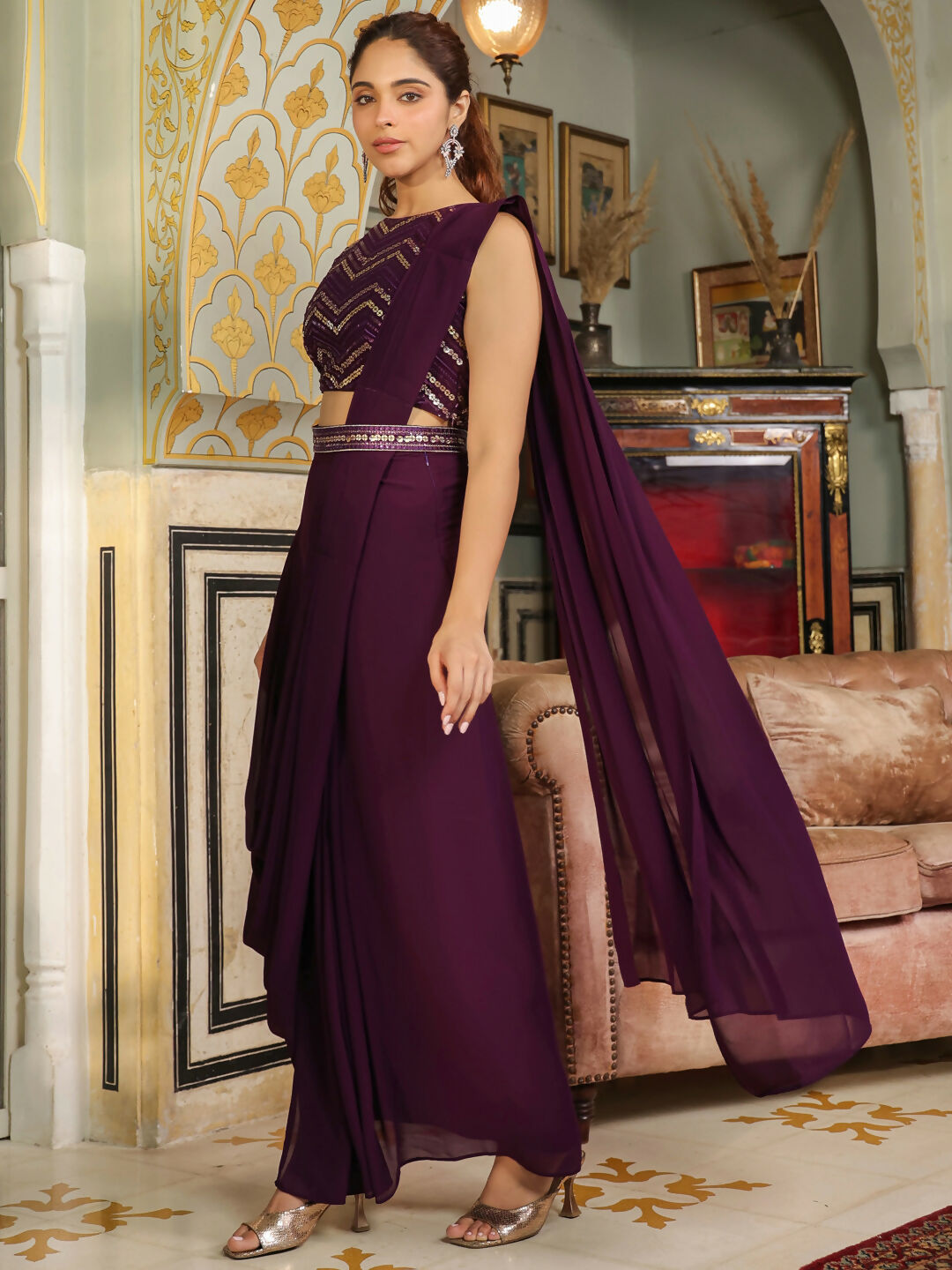 Janasya Purple Georgette Sequined Saree and Blouse | Swadesiicart