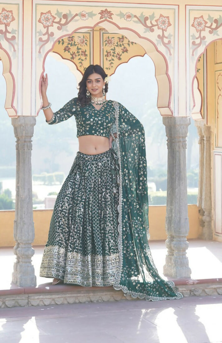 Lorenvalley Green Pure Viscose Jacquard With Embroidered Sequins work Lehenga Choli | Swadesiicart