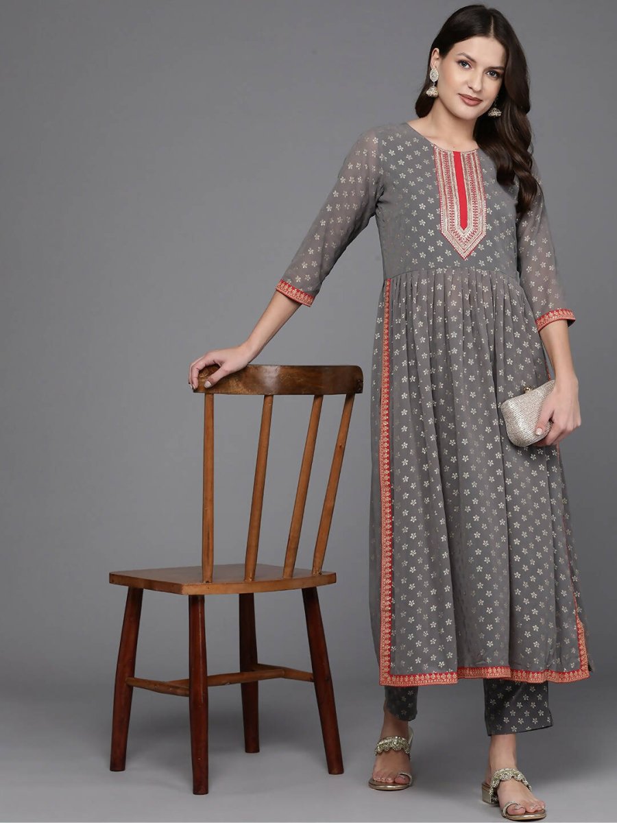Ahalyaa Women Ethnic Motifs Printed Pleated Sequinned Kurta with Trousers - Grey Color | Swadesiicart