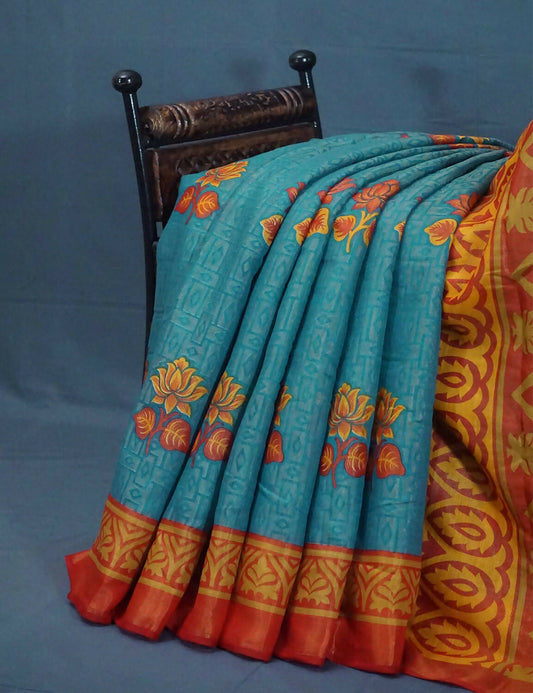 Sea Blue And Orange Cotton Brasson Saree For Office/Regular Wear By Gayathri Reddy Designer Studio | Swadesiicart