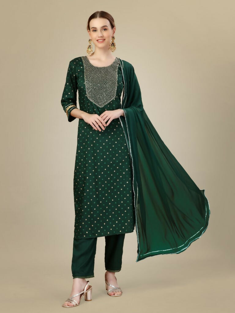 Jyoti Fashion Women's Dark Green Silk Blend Embroidery & Sequence work Kurta with Trouser & Dupatta | Swadesiicart