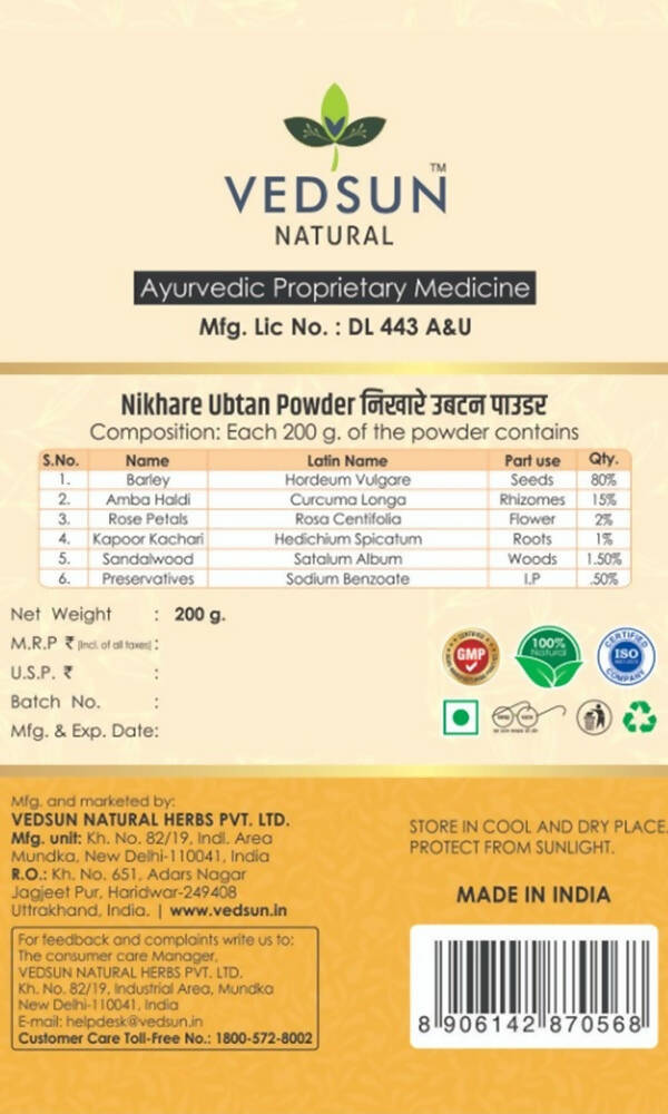 Vedsun Naturals Nikhare Ubtan Powder for Face and Skin - Swadesiicart